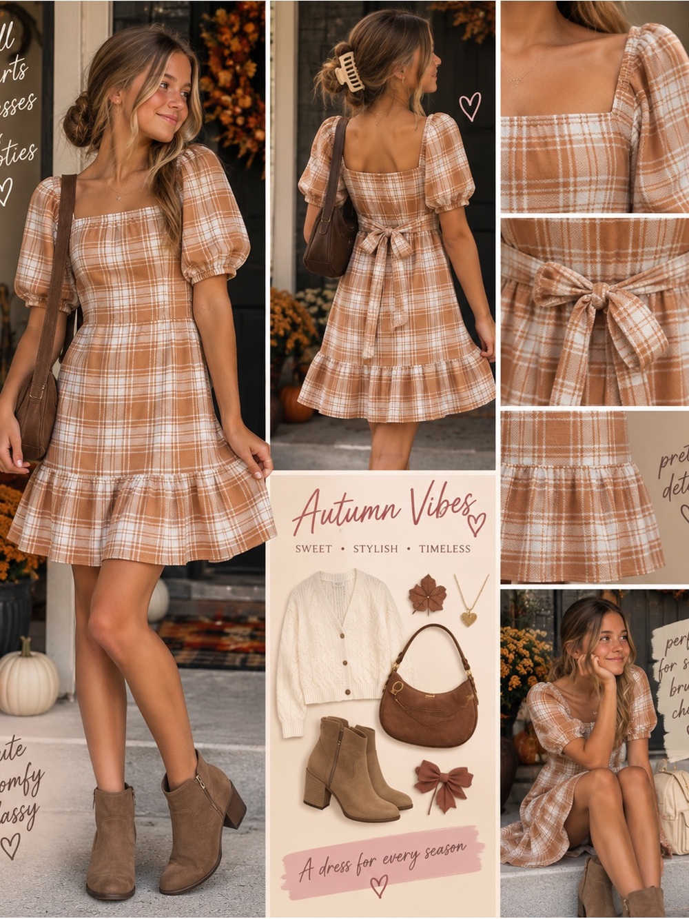 BeBop Peach and White Plaid Puff-Sleeve Midi Dress